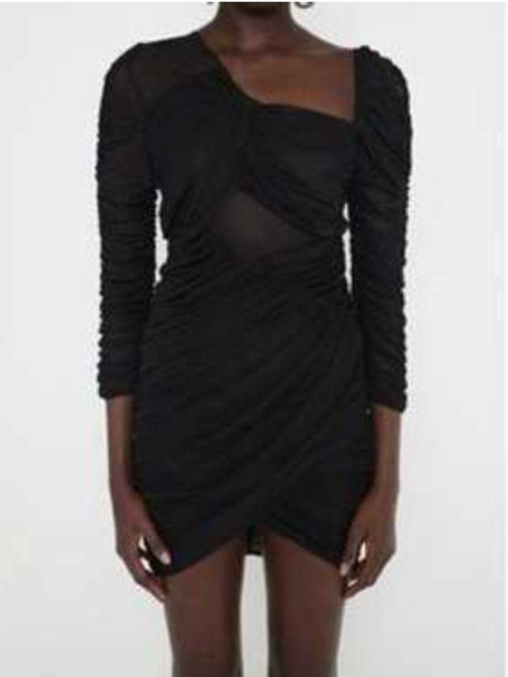 ZARA Festive Days Asymmetrical Mesh Ruched Cut-Out Longsleeve Stretch Mini Dress